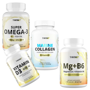 1WIN / Набор витаминов, Омега-3, Морской коллаген, Магний+В6, Витамин D3
