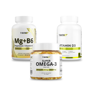 1WIN / Набор витаминов, Омега-3 90 капсул + Магний+В6 120 капсул + подарок витамин D3 600МЕ