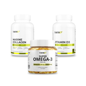 1WIN / Набор витаминов, Омега-3 90 капсул + Коллаген морской 155 капсул + подарок D3 600МЕ
