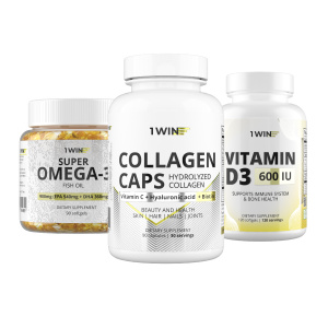 1WIN / Набор витаминов, Омега-3 90 капсул + Коллаген+биотин 90 капсул + подарок D3 600МЕ