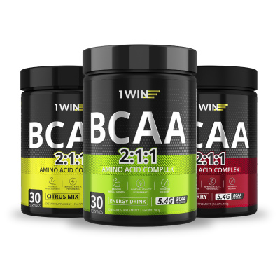 1WIN / Набор из 3х банок BCAA, 180г. Вкусы: Энергетик, Цитрусовый микс, Вишня