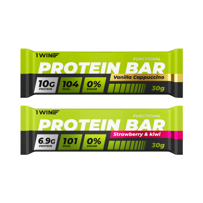 1WIN / PROTEIN BAR / Набор протеиновых батончиков  без сахара, 10шт. по 30г. Клубника-киви, Ванильный капучино
