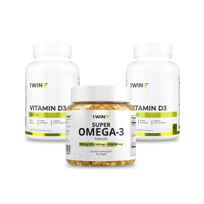 1WIN / Набор витаминов, Омега-3 90 капсул + Витамин D3 2000ME 90 капсул + подарок D3 600ME