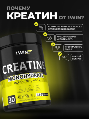 1WIN Creatine Monohydrate, Креатин моногидрат, Вкус Цитрусовый микс, 30 порций