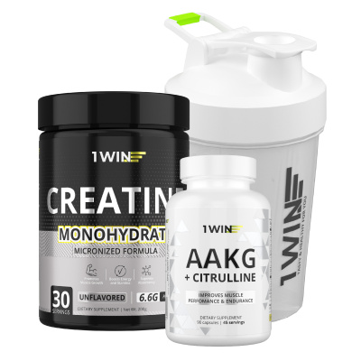 1WIN / Набор для спортсмена. Креатин Нейтральный вкус 200г + Шейкер белый 400 мл + подарок AAKG 90 капсул 