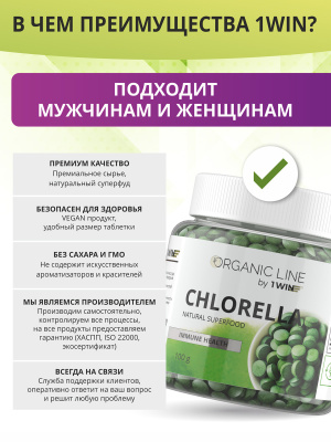 1WIN / Хлорелла органическая натуральная, Chlorella прессованная в таблетках, Суперфуд, 100 грамм