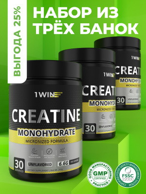 1WIN / Креатин моногидрат. Без вкуса, 200г. Набор из 3-х банок. 