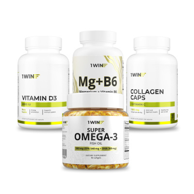 1WIN / Набор витаминов, Omega-3 900мг 90 капсул + Коллаген с витамином С 155 капсул + Магний+В6 120 капсул + подарок Витамин D3 2000 МЕ 60 капсул